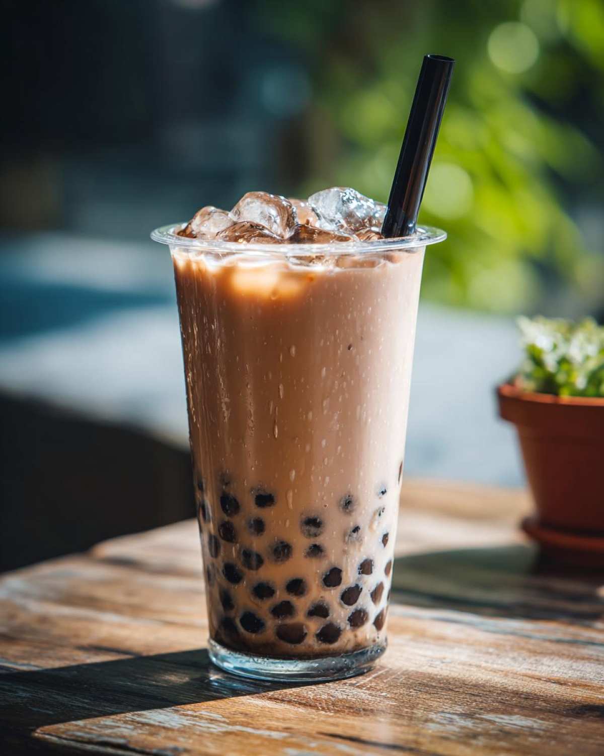 Zbliżenie na szklankę domowego bubble tea z mleczną pianką, lodem i czarnymi kuleczkami tapioki na drewnianym stole.
