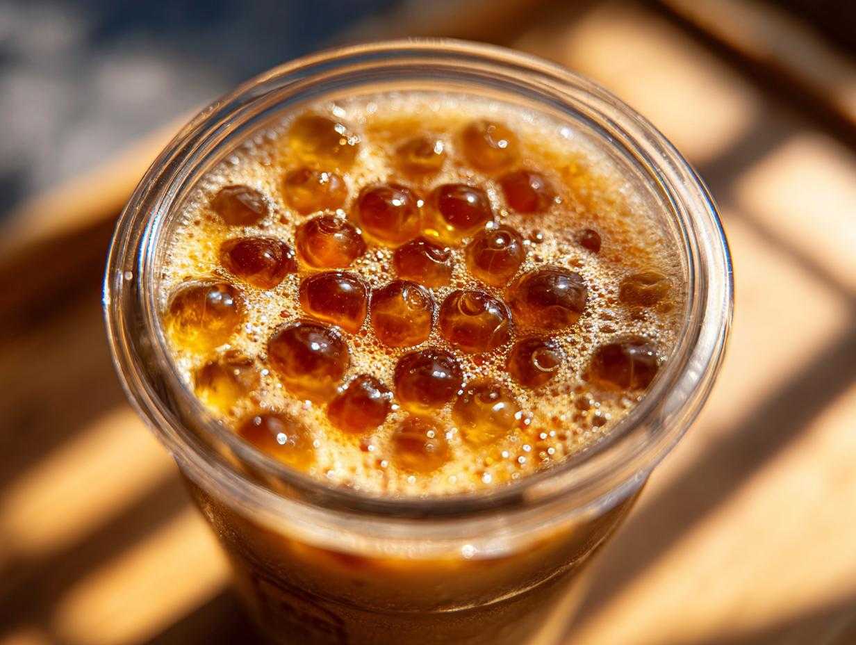 Zbliżenie na szklankę domowego bubble tea z brązowymi kuleczkami tapioki pływającymi w herbacie z lodem.