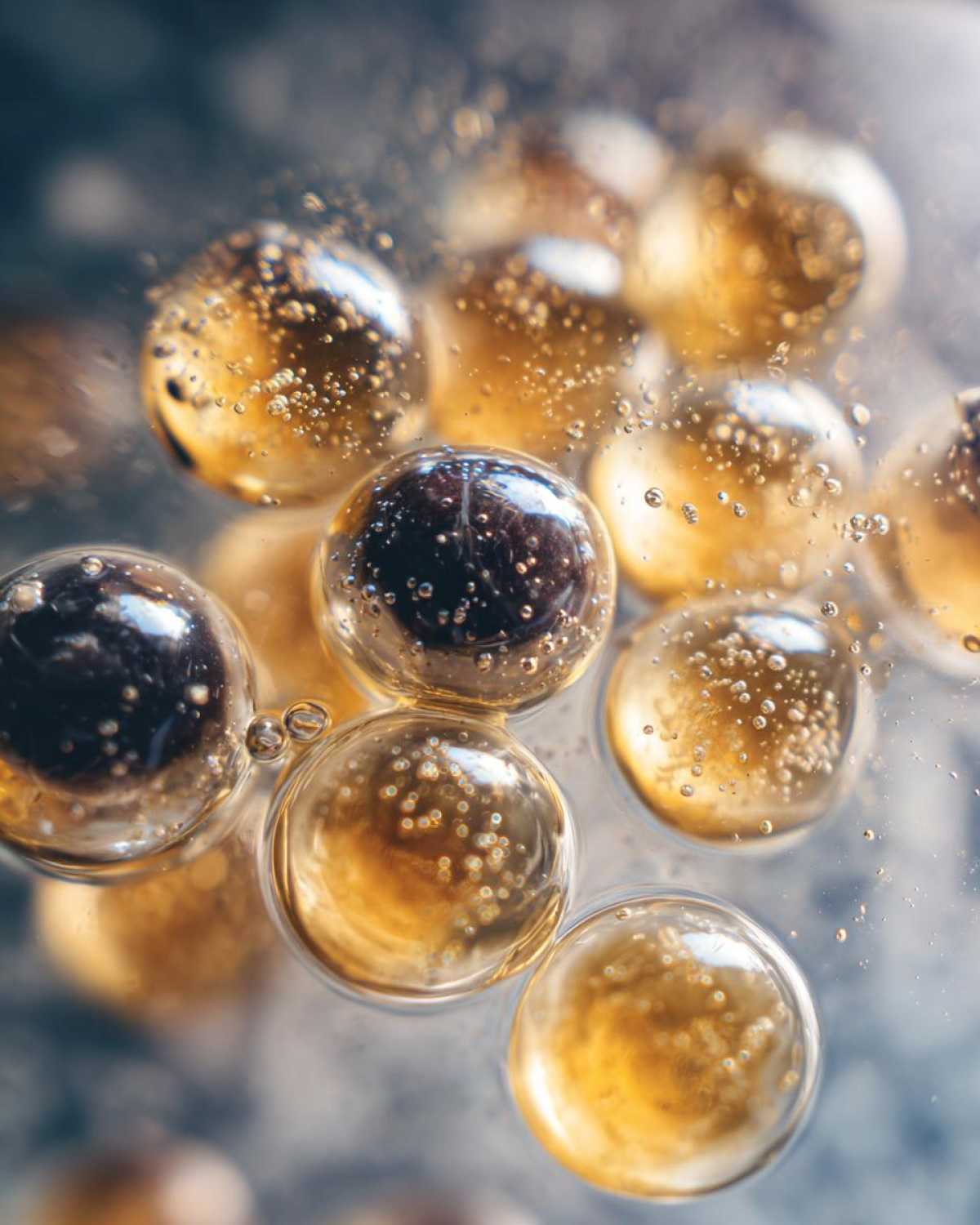 Zbliżenie na złote kuleczki z tapioki do domowego bubble tea, unoszące się w płynie.
