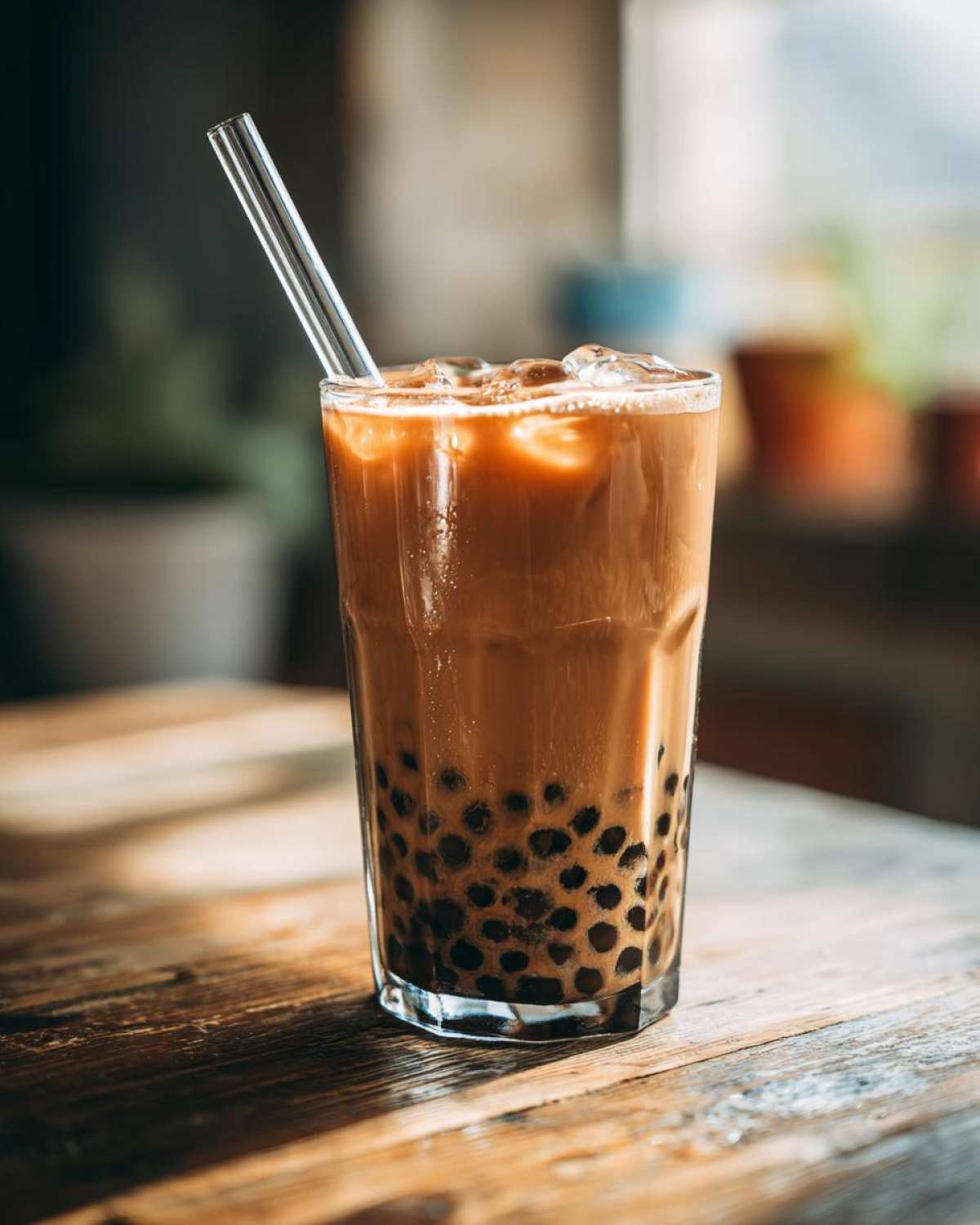 Szklanka domowego bubble tea z mleczną herbatą, lodem i czarnymi kuleczkami tapioki, z przezroczystą słomką.