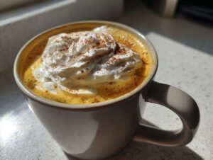 Zbliżenie na kubek z domowym Pumpkin Spice Latte, ozdobiony bitą śmietaną i cynamonem.