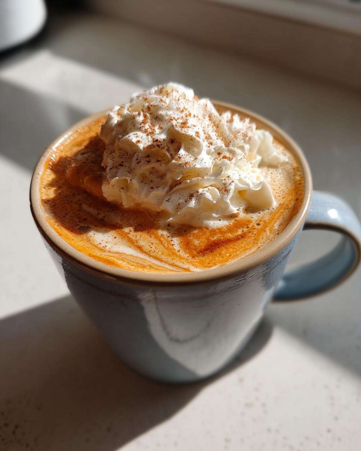 Zbliżenie na kubek domowego pumpkin spice latte udekorowanego bitą śmietaną i posypką cynamonową.