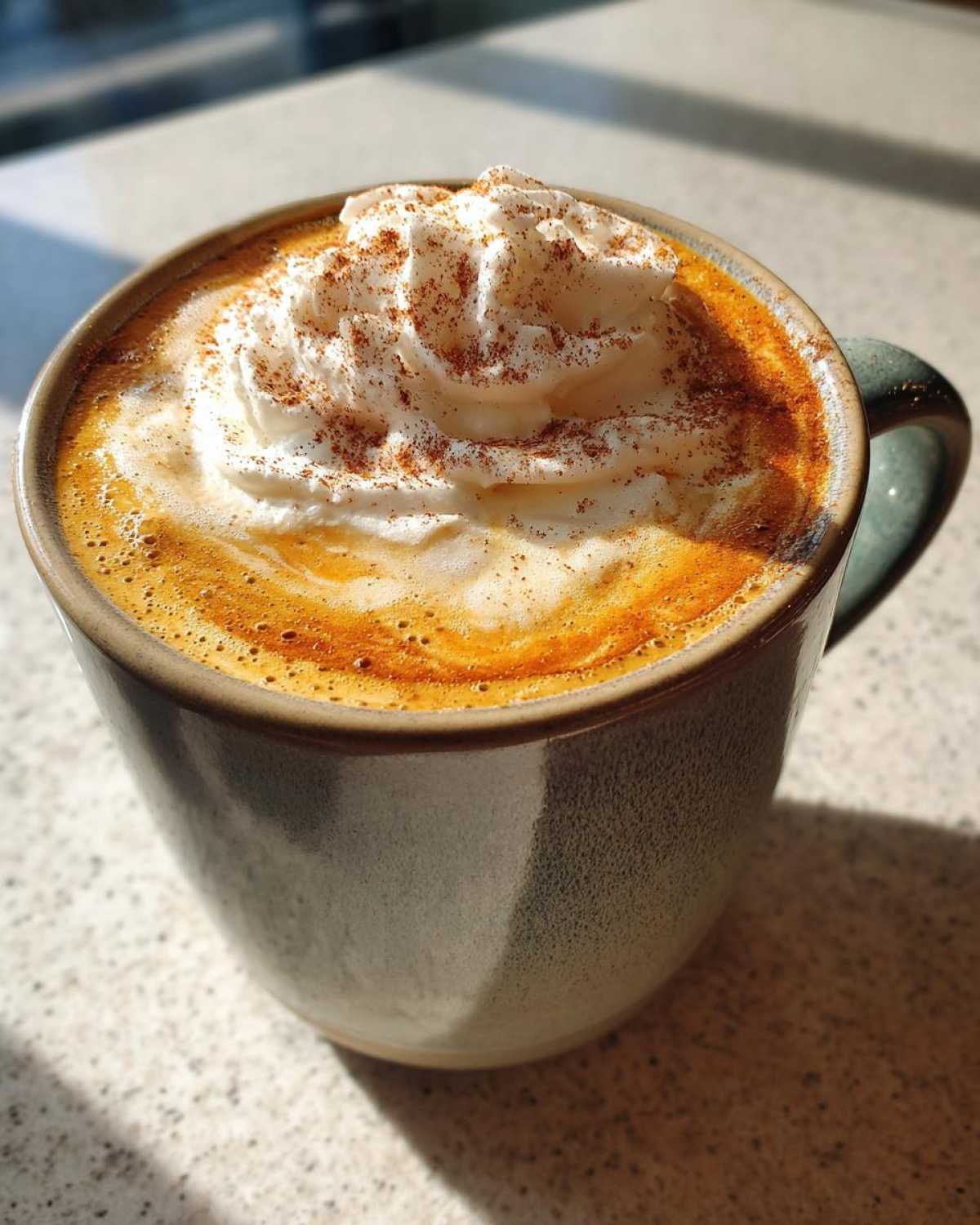 Zbliżenie na kubek domowego Pumpkin Spice Latte z bitą śmietaną i cynamonem.