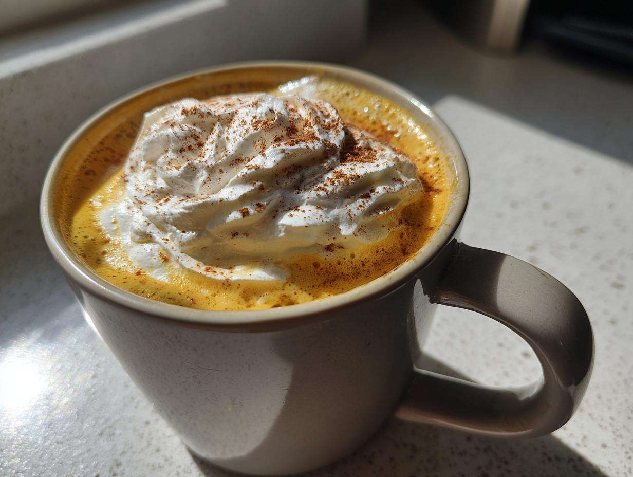Zbliżenie na kubek z domowym Pumpkin Spice Latte, ozdobiony bitą śmietaną i cynamonem.