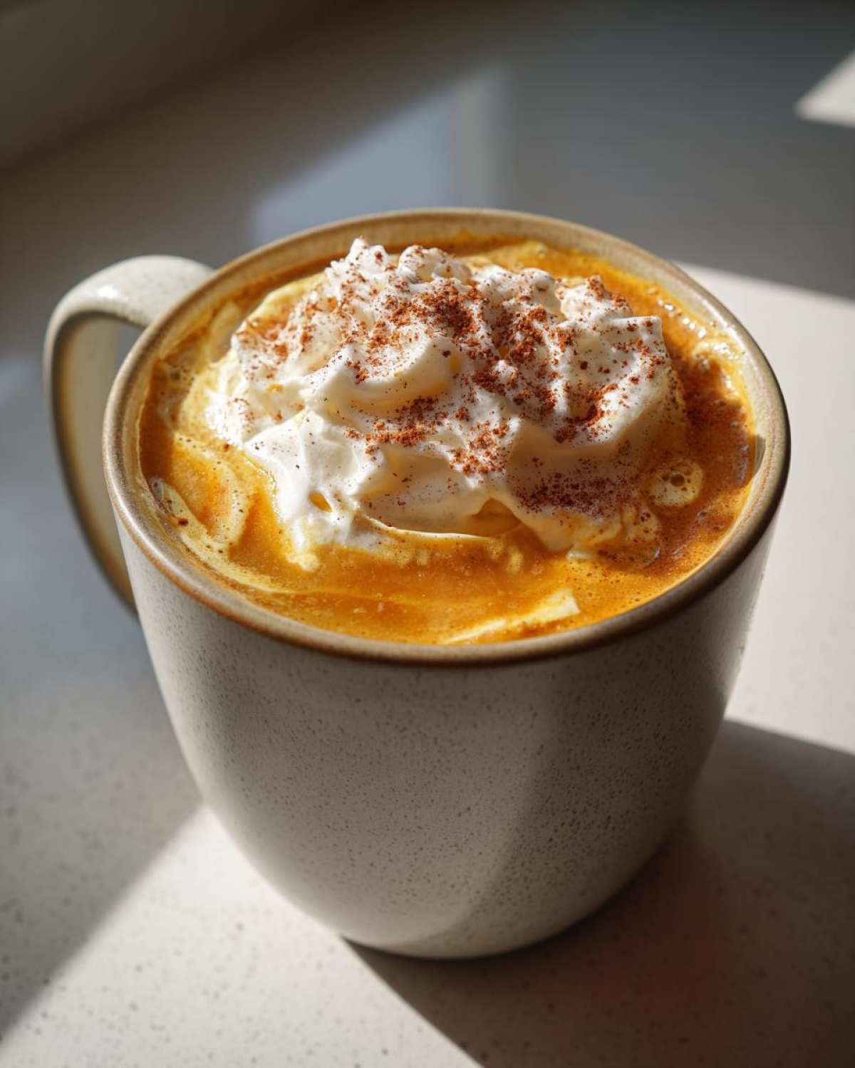 Zbliżenie na kubek domowego pumpkin spice latte z bitą śmietaną i cynamonem.