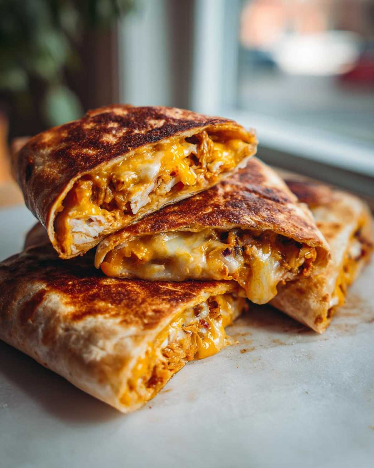 Domowy Crunchwrap Supreme z kurczakiem i ciągnącym się serem, przekrojony na pół.