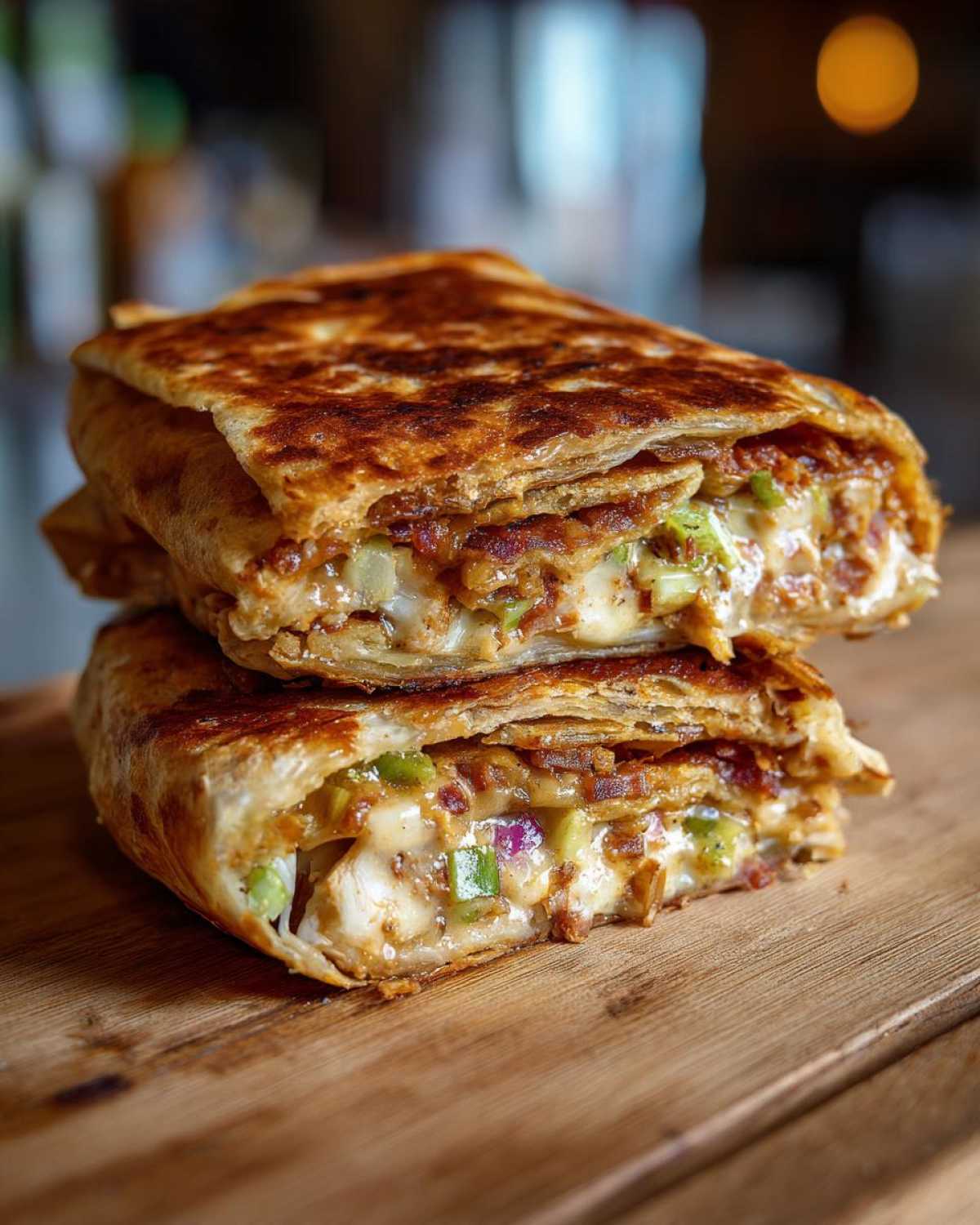 Przekrój domowego Crunchwrap Supreme z widocznymi warstwami kurczaka, sera, warzyw i chrupiącego bekonu.