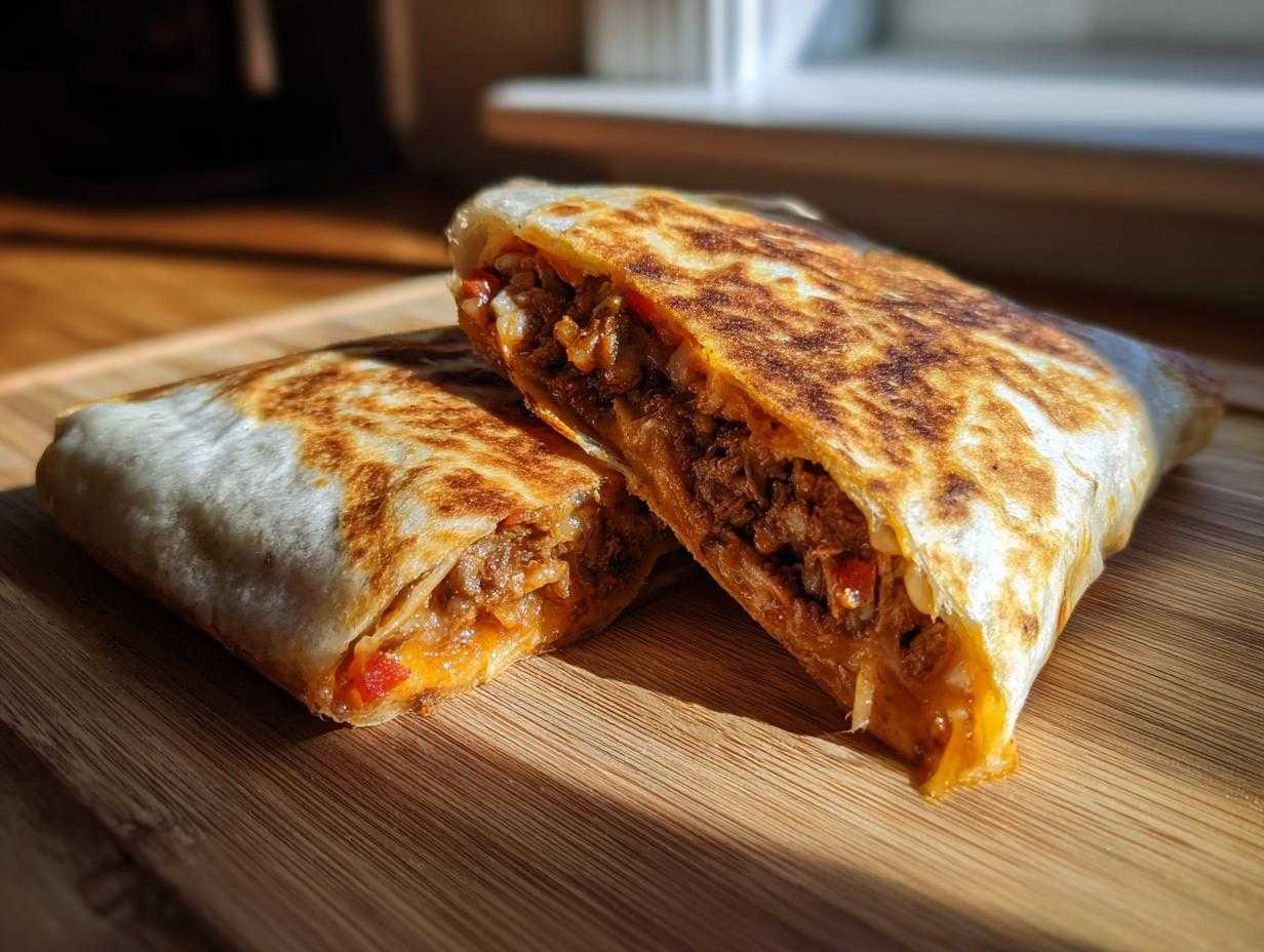 Przekrojony na pół domowy Crunchwrap Supreme z widocznym farszem mięsnym i serem.