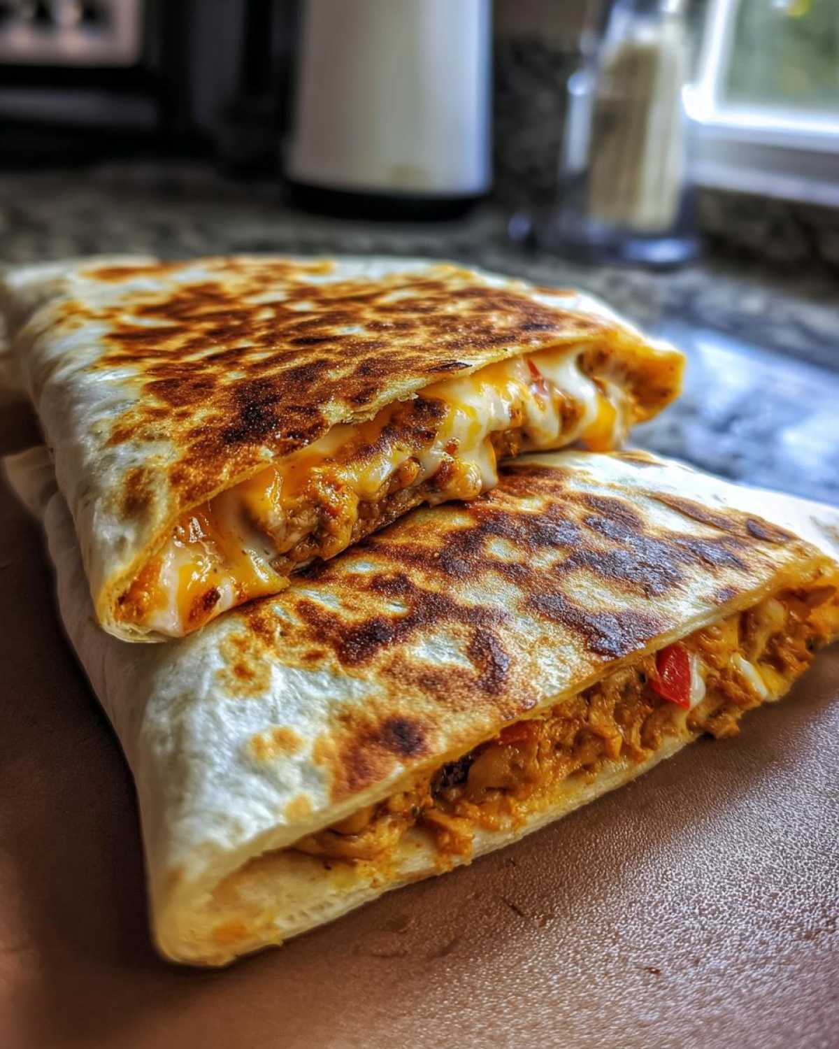 Domowy Crunchwrap Supreme przekrojony na pół, z widocznym ciągnącym się serem i farszem.