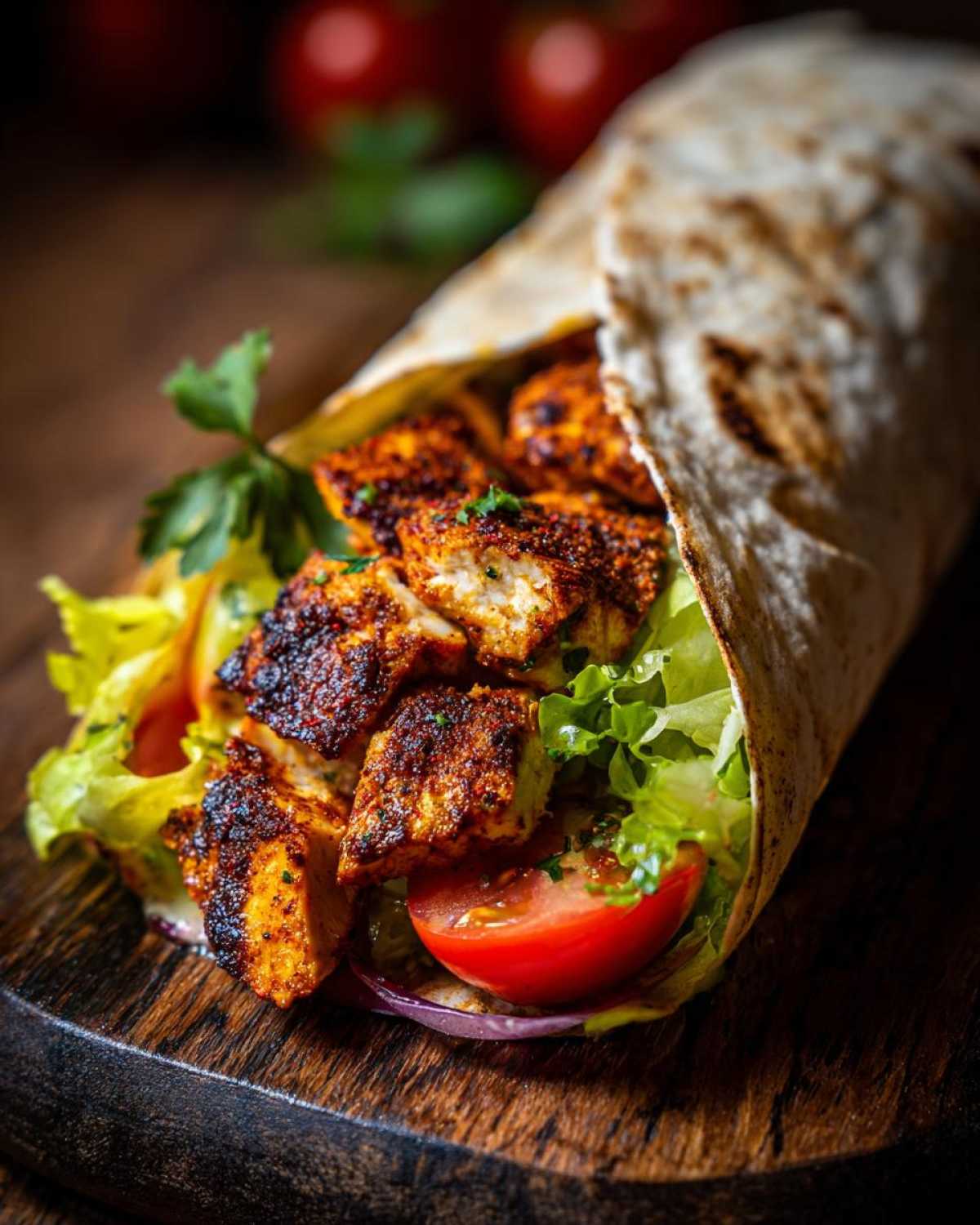 Zbliżenie na domowy kebab z kurczaka z soczystym mięsem, świeżą sałatą i pomidorem w tortilli.