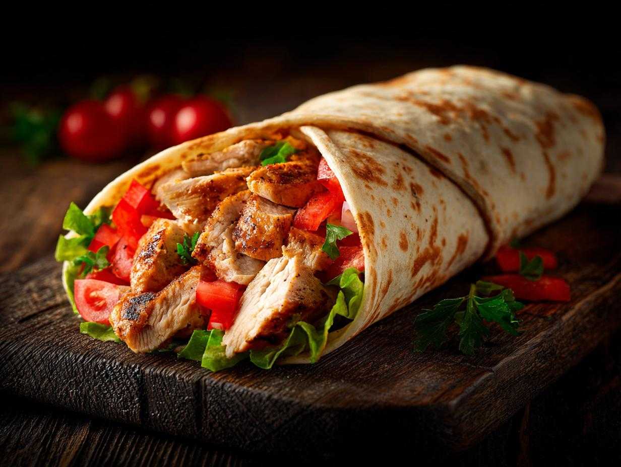 Domowy kebab z kurczaka zawinięty w tortillę z pomidorami, sałatą i ziołami.
