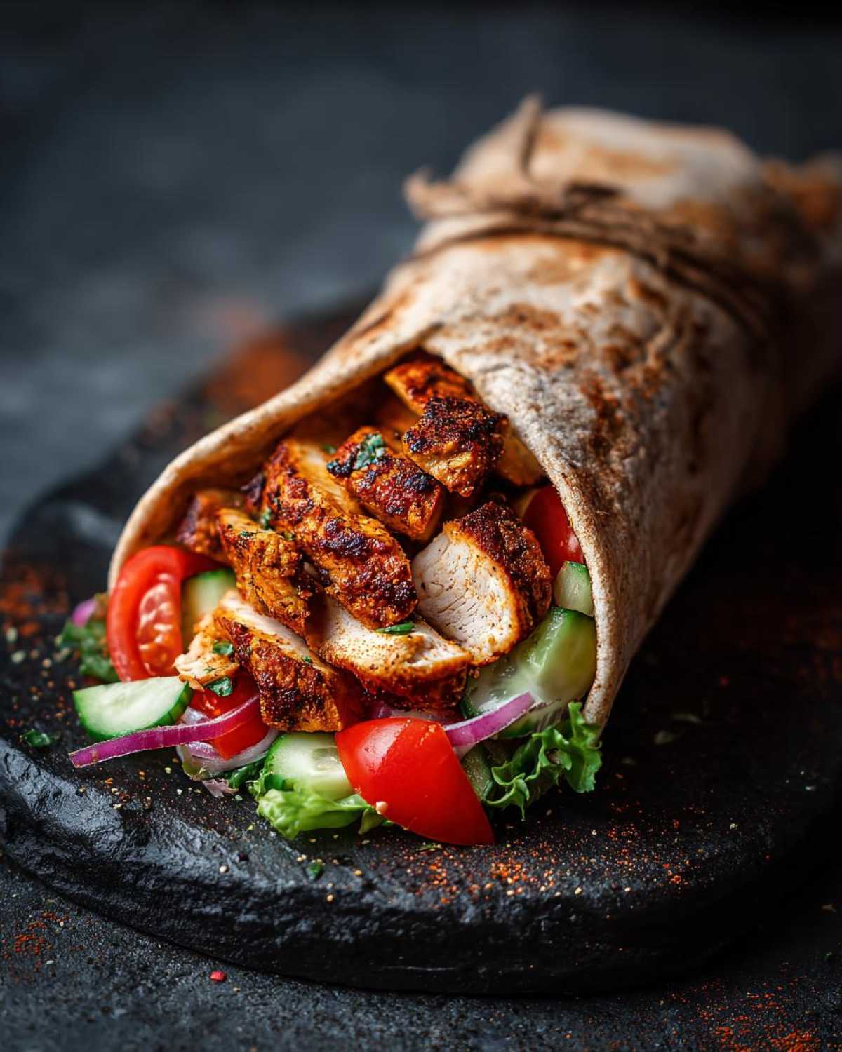 Domowy kebab z kurczaka w picie z pomidorem, ogórkiem, czerwoną cebulą i sałatą.