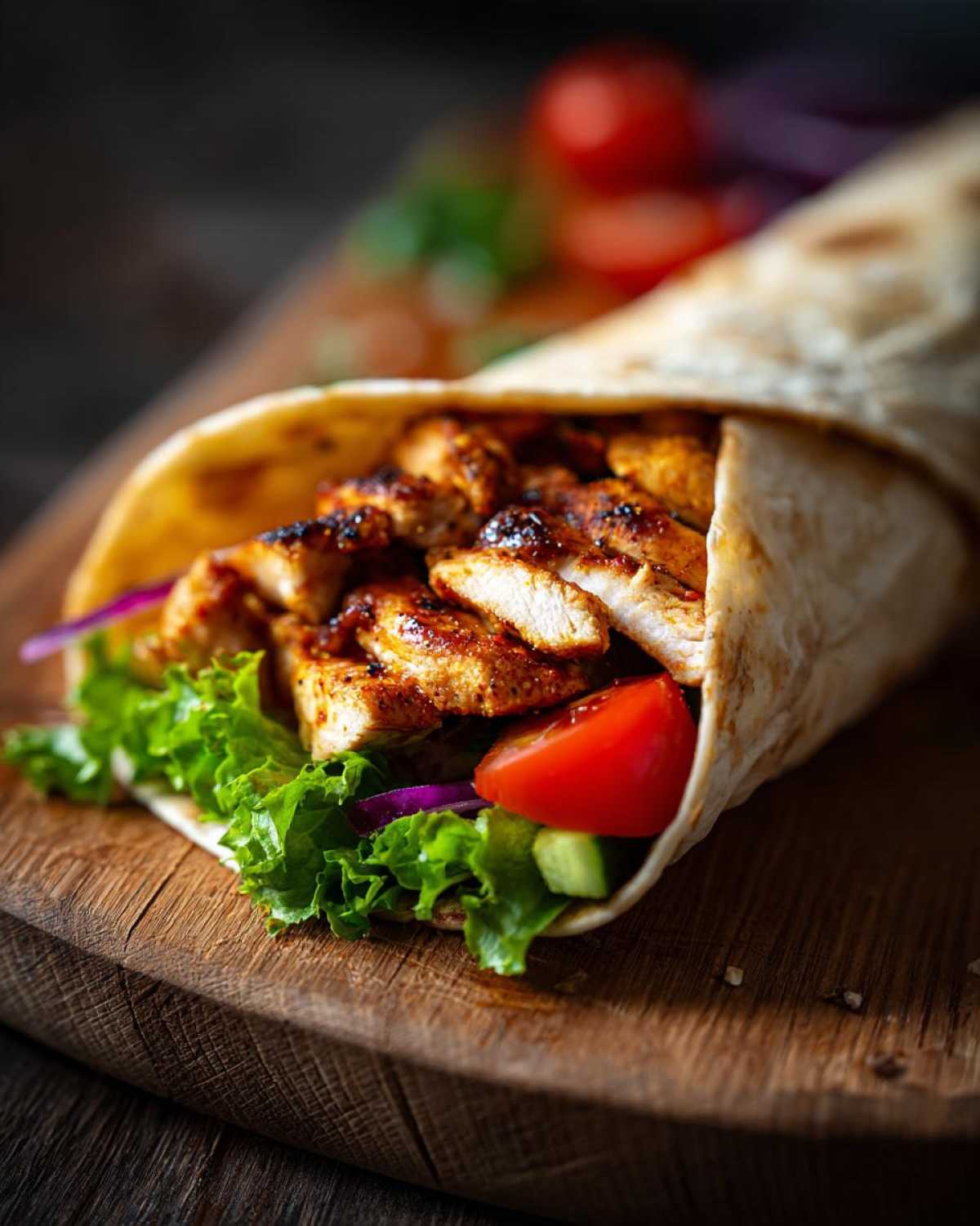 Zbliżenie na domowy kebab z kurczaka z warzywami i sosem na desce.