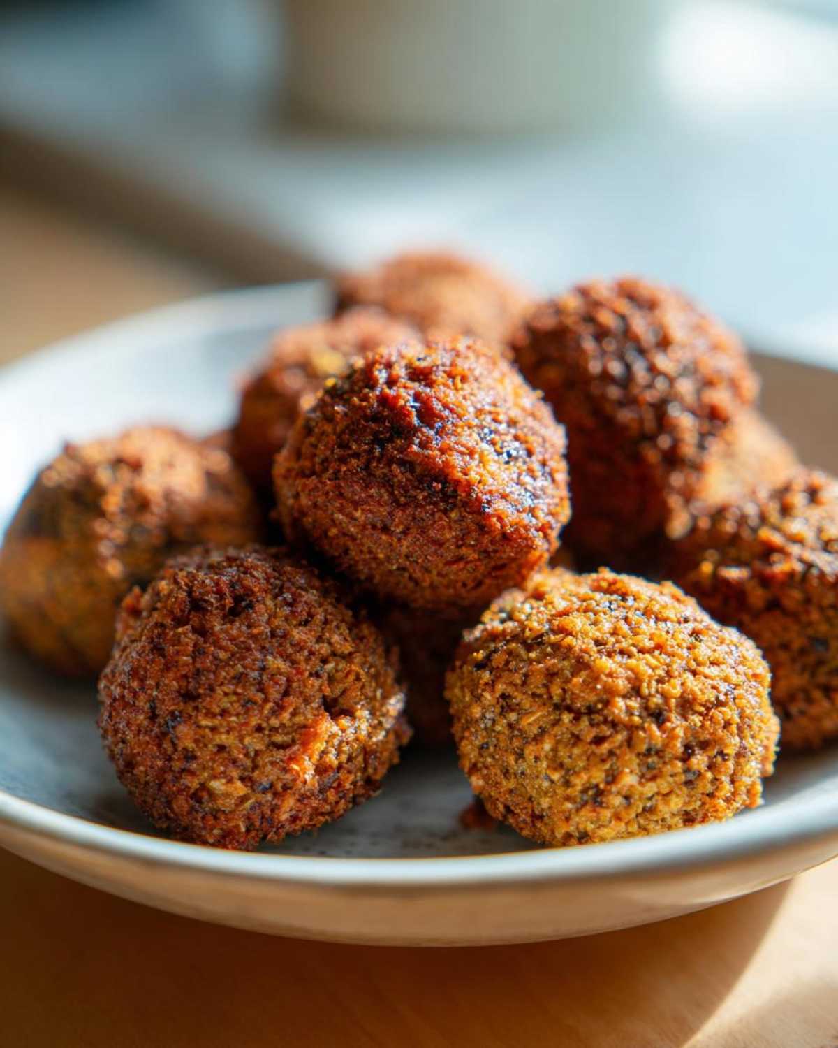 Zbliżenie na talerz z kilkoma chrupiącymi kulkami falafel pieczony.