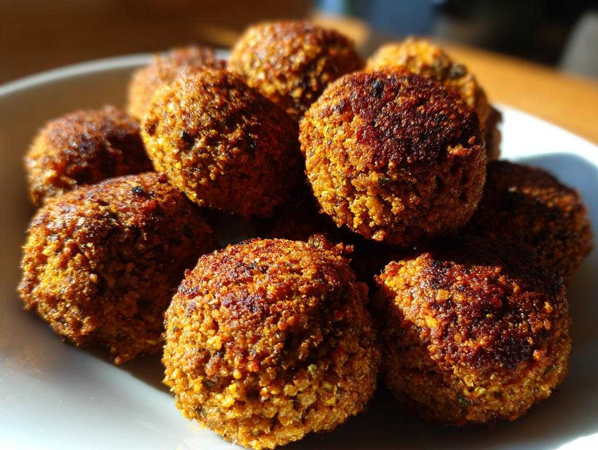 Zbliżenie na talerz pełen pysznego, pieczonego falafela, zrumienionego i chrupiącego.
