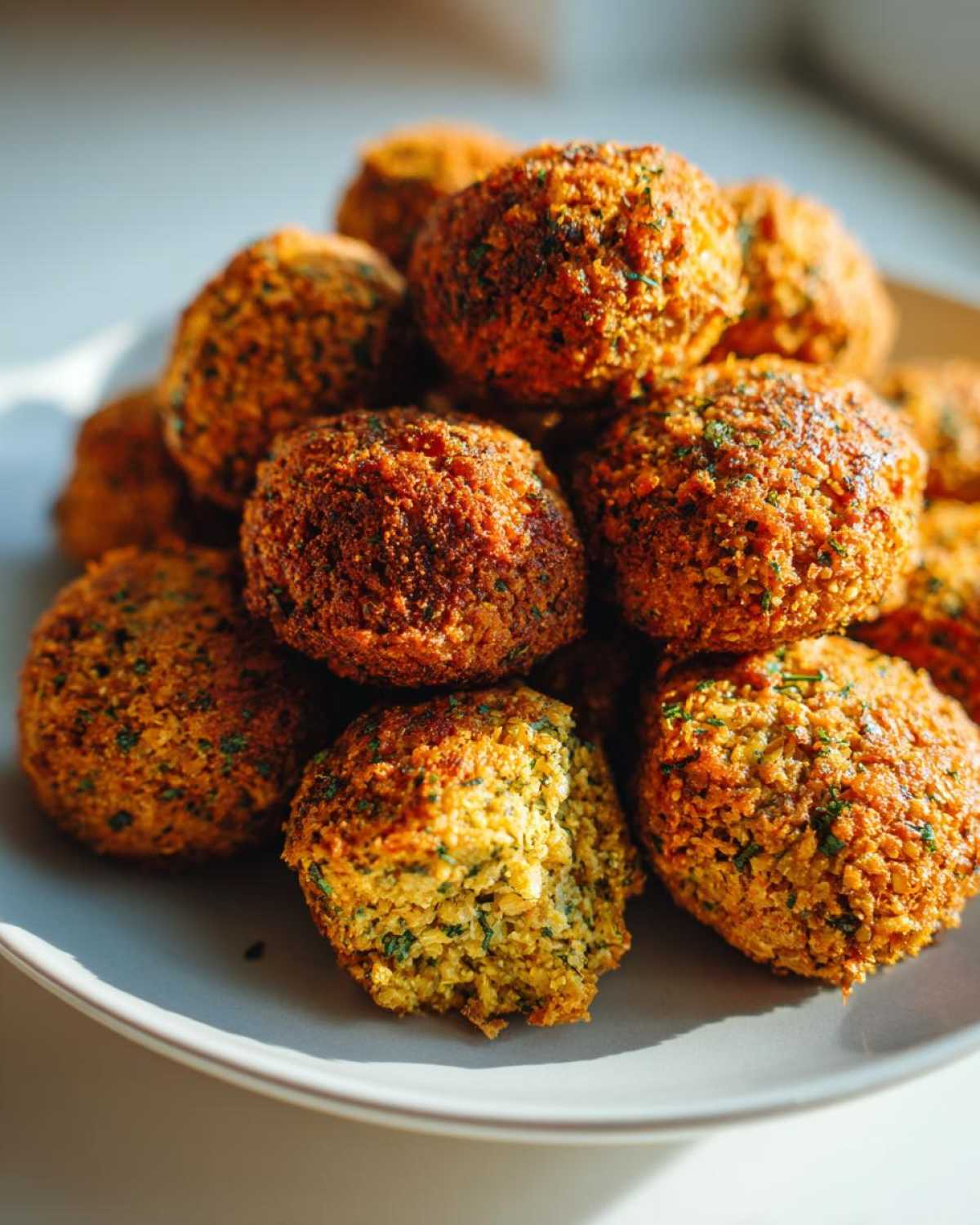 Zbliżenie na stos złocistych kulek falafela pieczonego, z widocznymi ziołami i chrupiącą skórką.