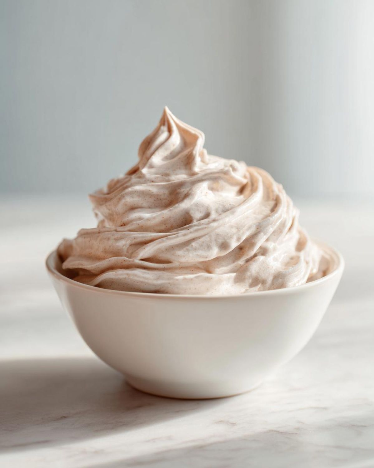 Zbliżenie na puszyste fit lody bananowe nice cream w białej miseczce, z widocznymi drobinkami przypraw.