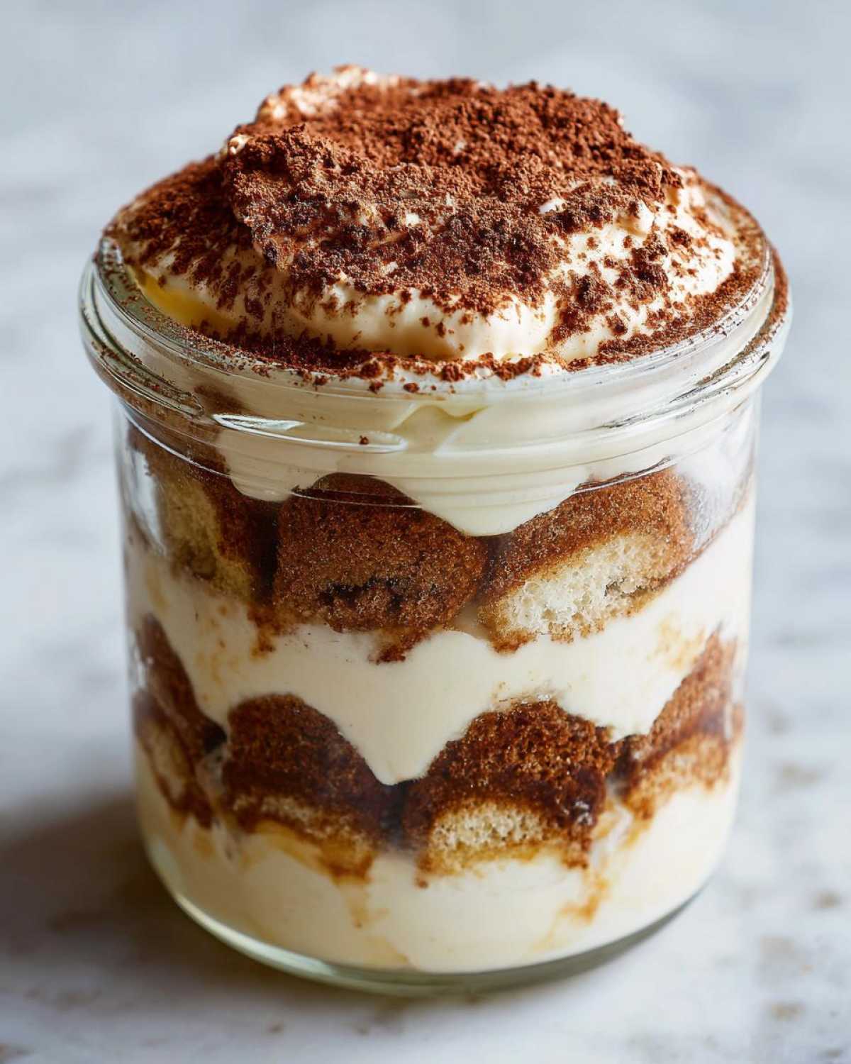 Warstwowe fit tiramisu bez cukru w szklanym słoiczku, posypane kakao.