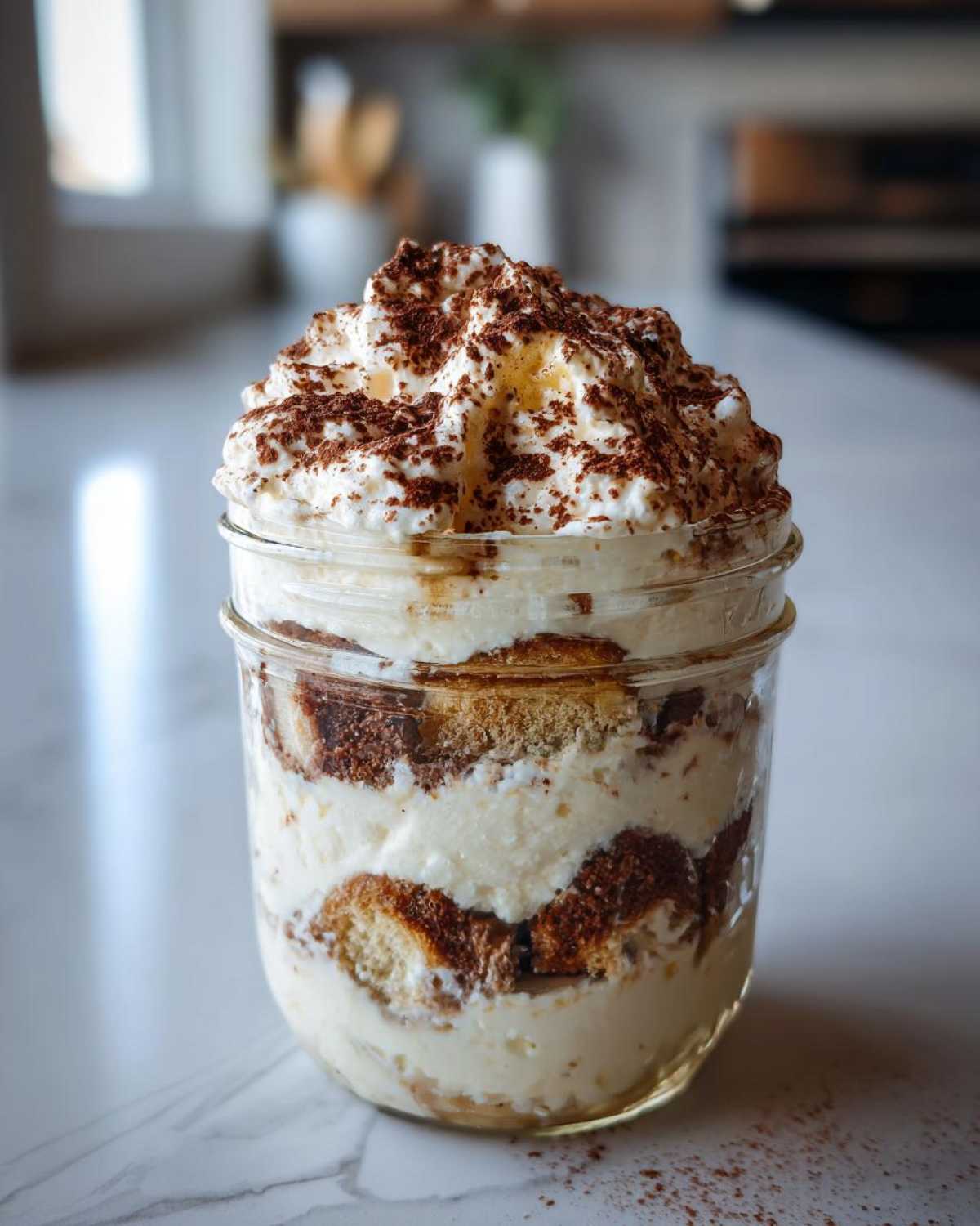 Warstwowe fit tiramisu bez cukru w słoiku, przełożone kremem i biszkoptami, posypane kakao.