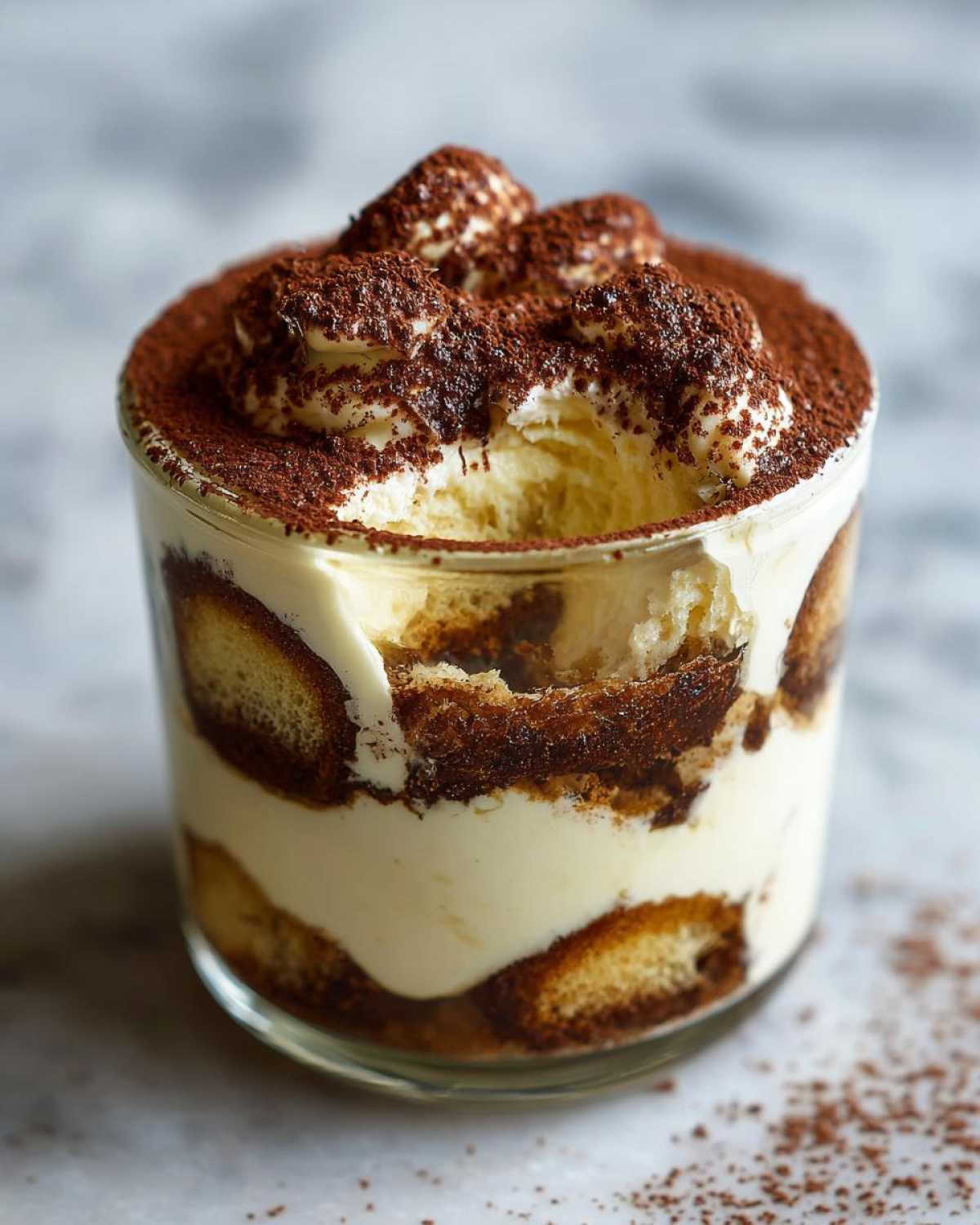 Zbliżenie na warstwowe fit tiramisu bez cukru w szklance, posypane kakao.