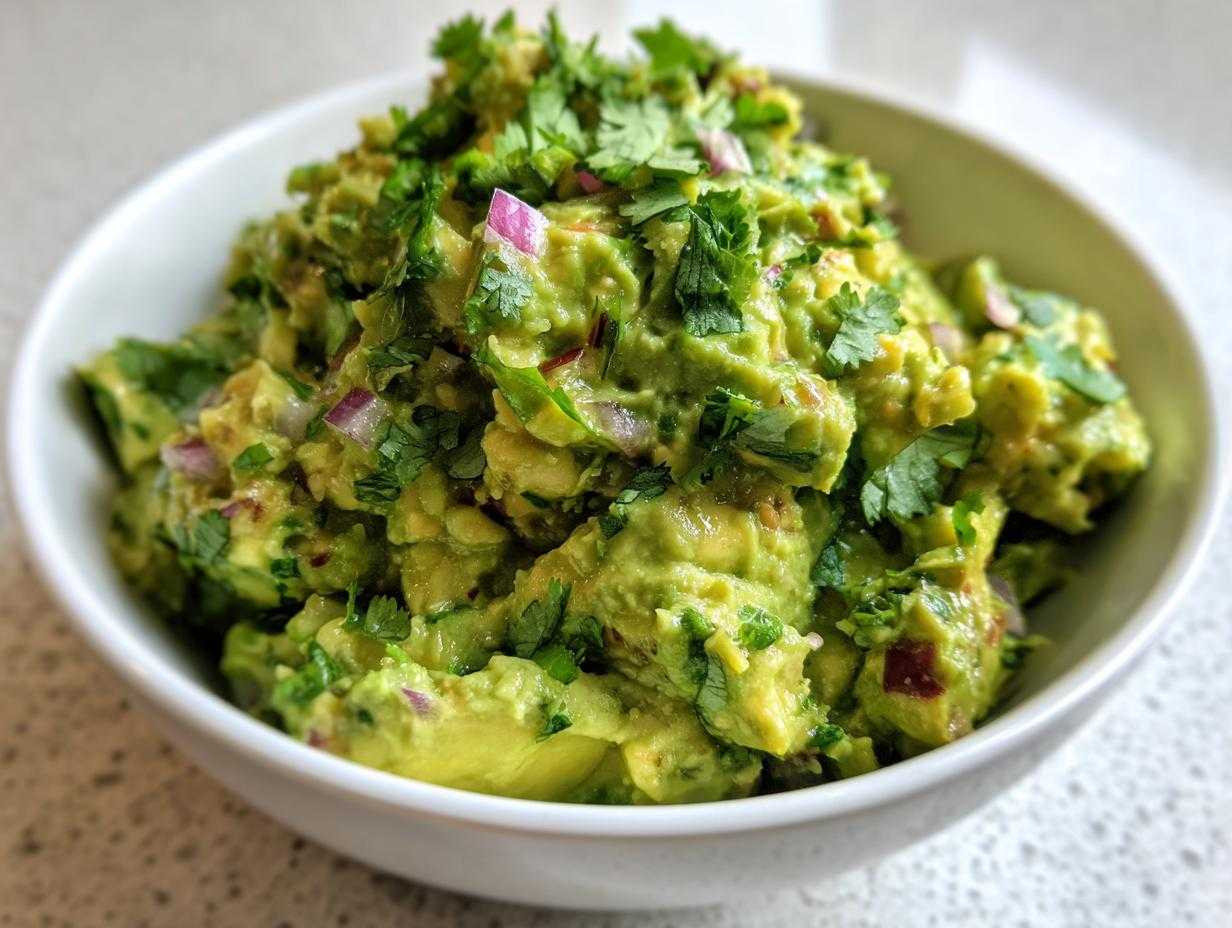 Zbliżenie na miskę z domowym guacamole, ozdobionym świeżą kolendrą i kawałkami czerwonej cebuli.