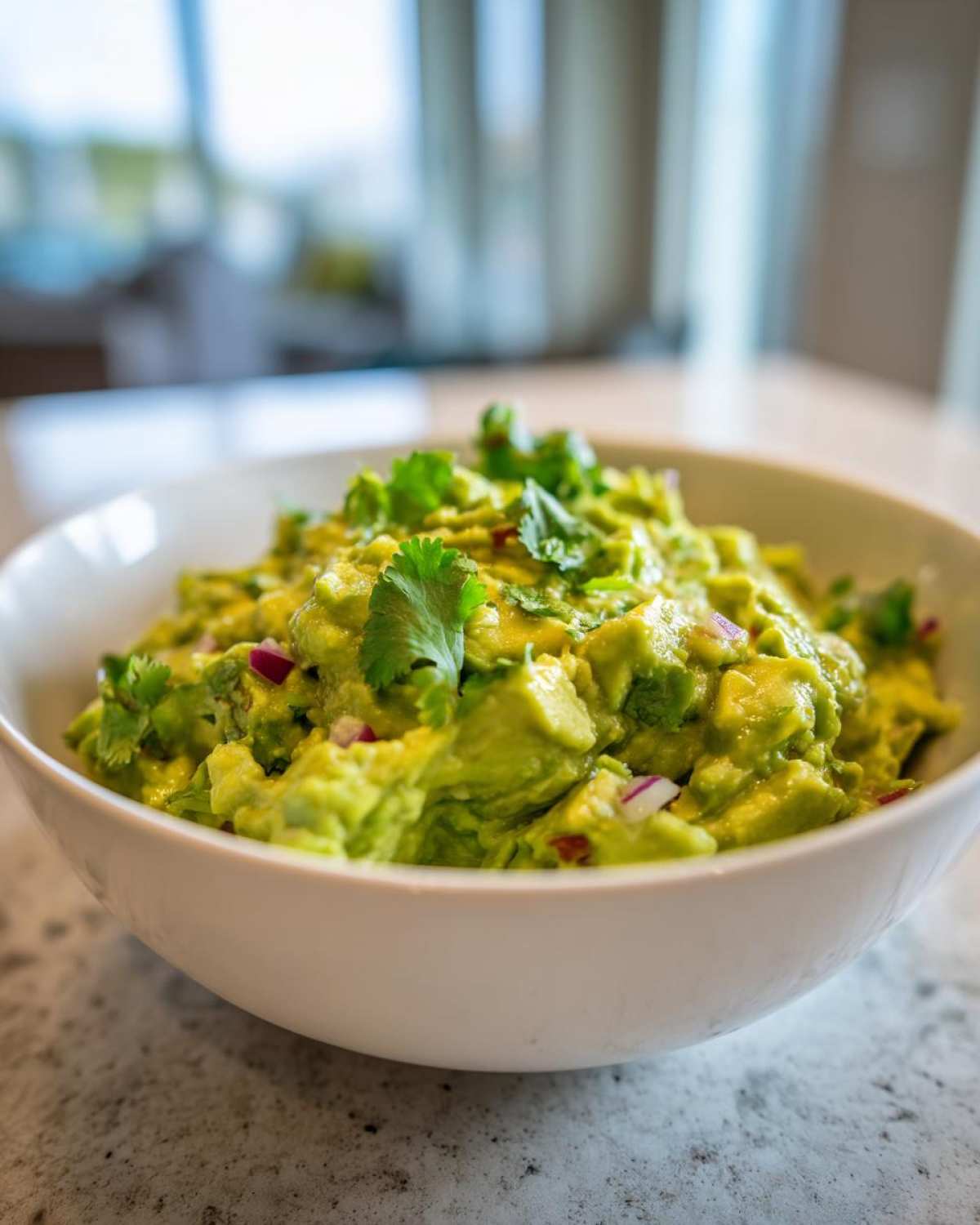 Miseczka pełna świeżego, domowego guacamole z kawałkami awokado, cebuli i kolendry.