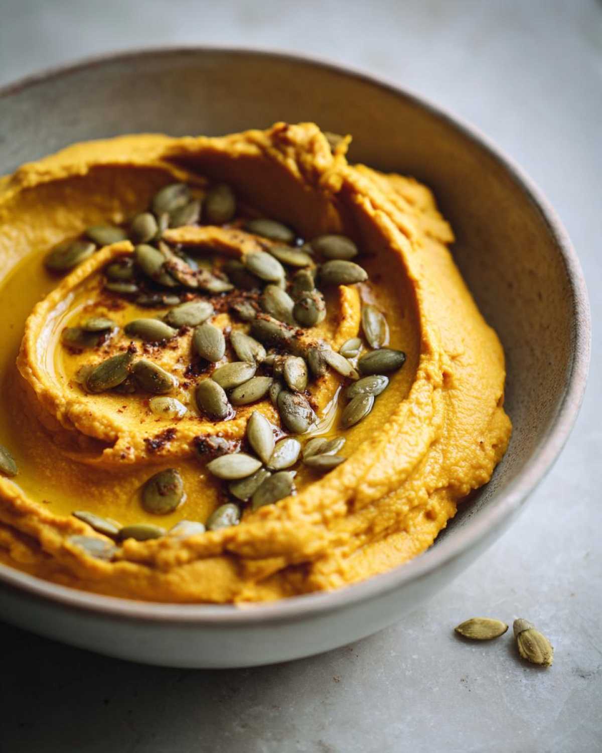 Zbliżenie na kremowy hummus dyniowy posypany pestkami dyni i przyprawami w misce.