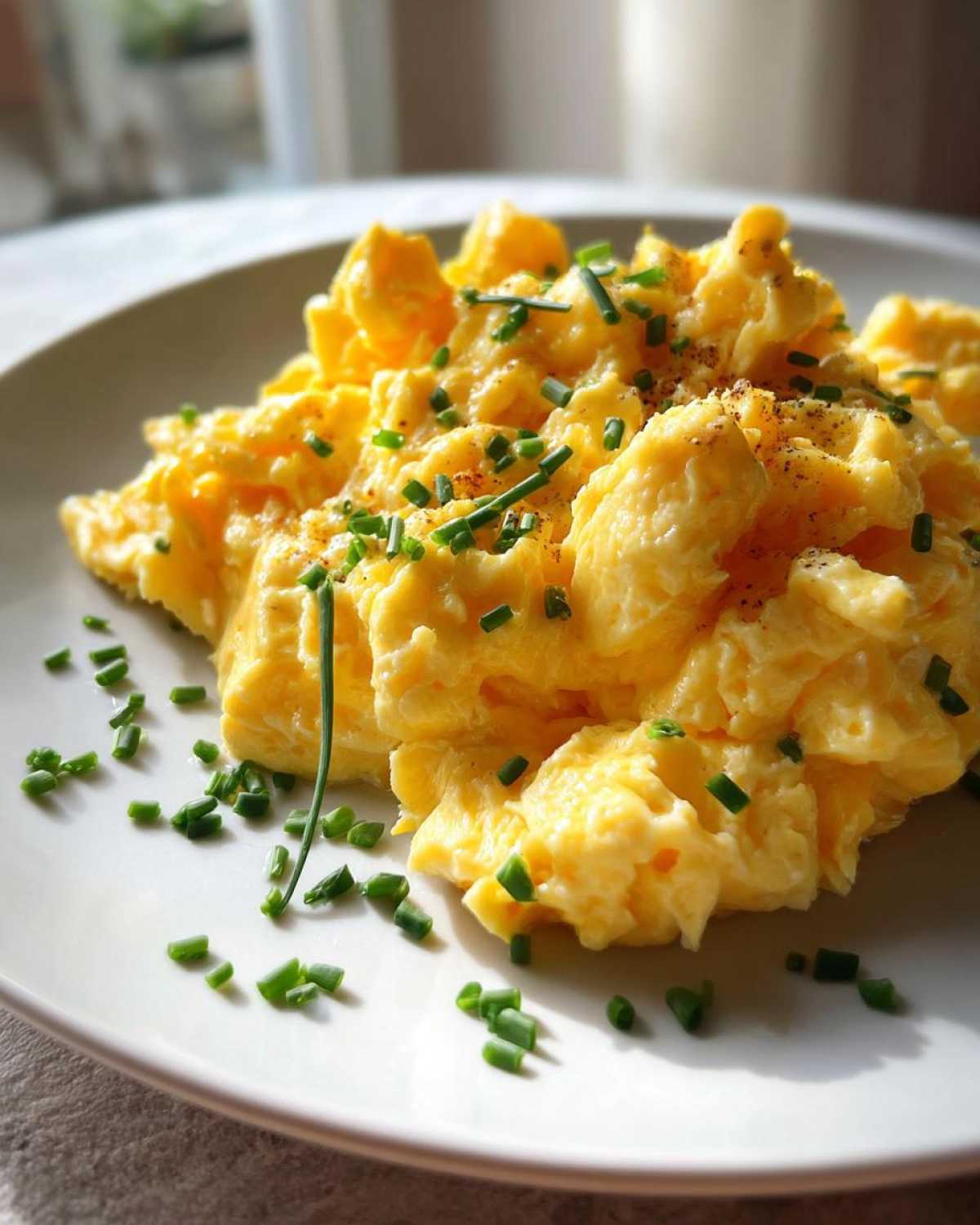 A close-up of fluffy scrambled eggs on a white plate, seasoned with pepper and garnished with fresh chives. Jajecznica na maśle.