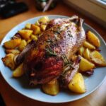 Złocista kaczka pieczona z jabłkami, udekorowana rozmarynem, podana z pieczonymi ziemniakami.