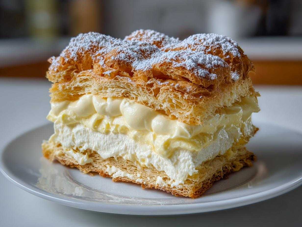 Kawałek klasycznej karpatki z obfitym kremem i cukrem pudrem na wierzchu.
