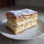 Kawałek karpatki klasycznej z puszystym kremem i posypką z cukru pudru na białym talerzu.