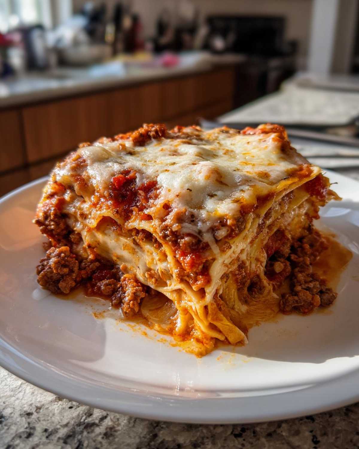 Porcja klasycznej lasagne z mięsem mielonym, polana sosem i posypana serem.