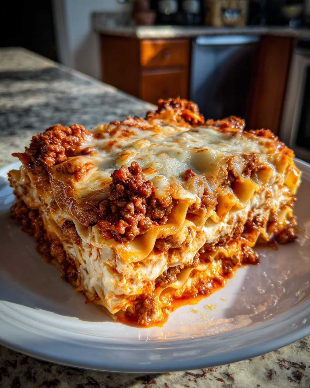 Pyszna, warstwowa porcja klasycznej lasagne z mięsem mielonym i ciągnącym się serem.