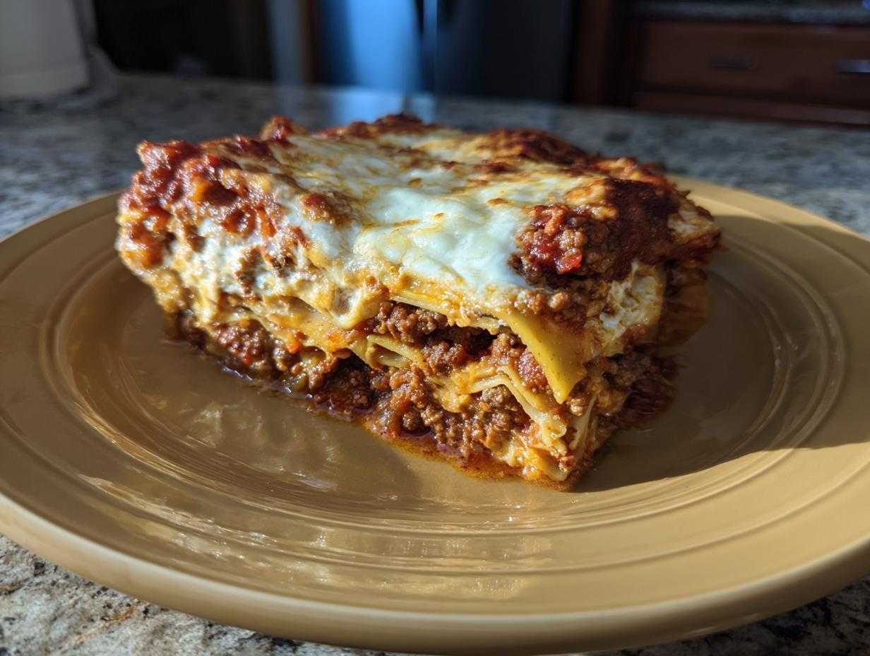 Pyszna porcja klasycznej lasagne z mięsem mielonym, makaronem i sosem pomidorowym, zapieczona z serem.