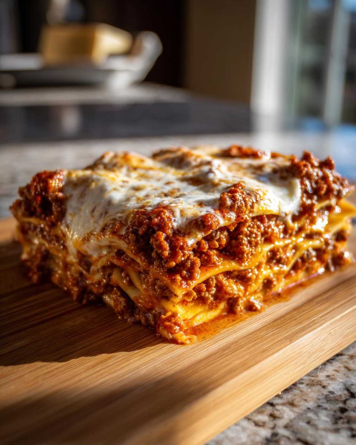 Pyszna porcja klasycznej lasagne z mięsem mielonym, z rozpływającym się serem na wierzchu, podana na drewnianej desce.