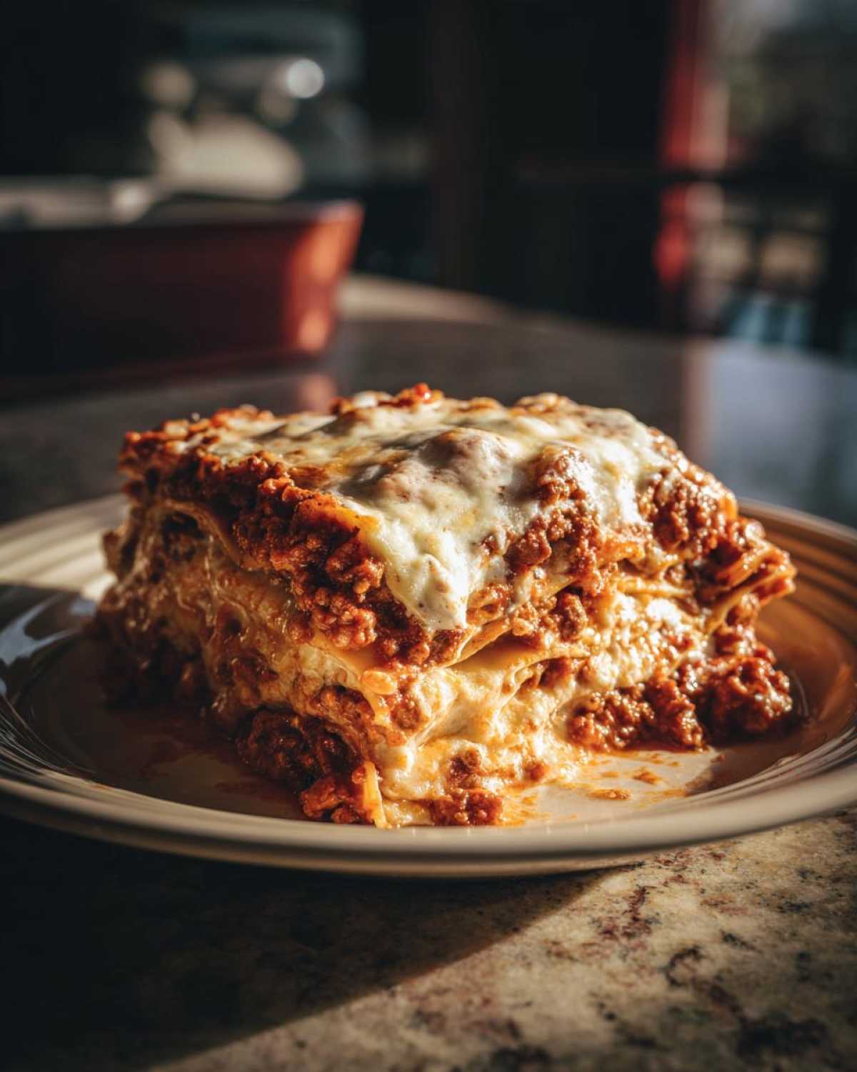Pyszna porcja klasycznej lasagne z mięsem mielonym, polana roztopionym serem.