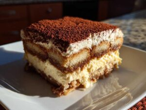 Kawałek klasycznego tiramisu posypany kakao, z kremową masą i biszkoptami.