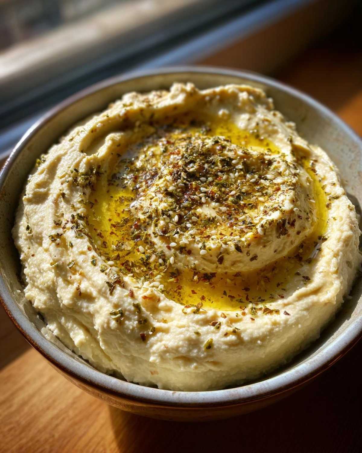 Aksamitny klasyczny hummus w misce, polany oliwą i posypany przyprawami.