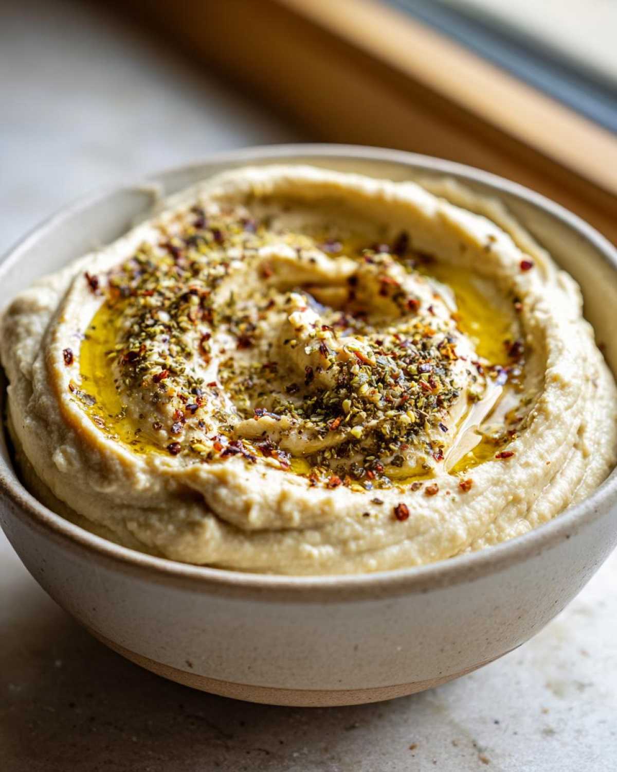 Aksamitny klasyczny hummus w misce, polany oliwą i posypany przyprawami.