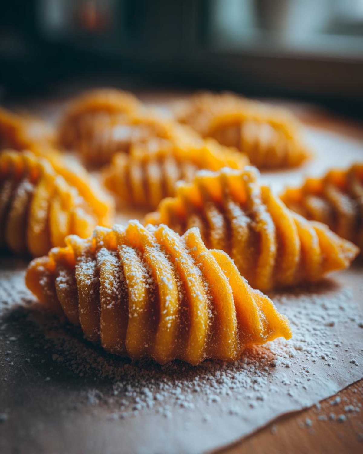 Zbliżenie na kopytka dyniowe posypane cukrem pudrem, ułożone na papierze do pieczenia.