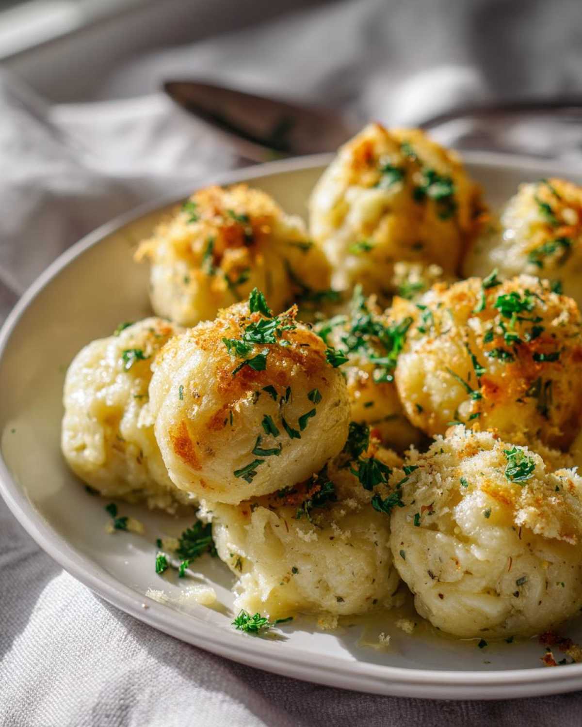Zbliżenie na talerz z kopytkami ziemniaczanymi posypanymi parmezanem i świeżą natką pietruszki.