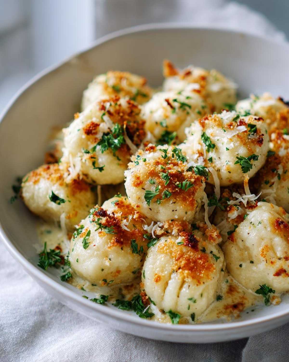 Zbliżenie na talerz z kopytkami ziemniaczanymi, posypanymi parmezanem, bułką tartą i świeżą natką pietruszki.