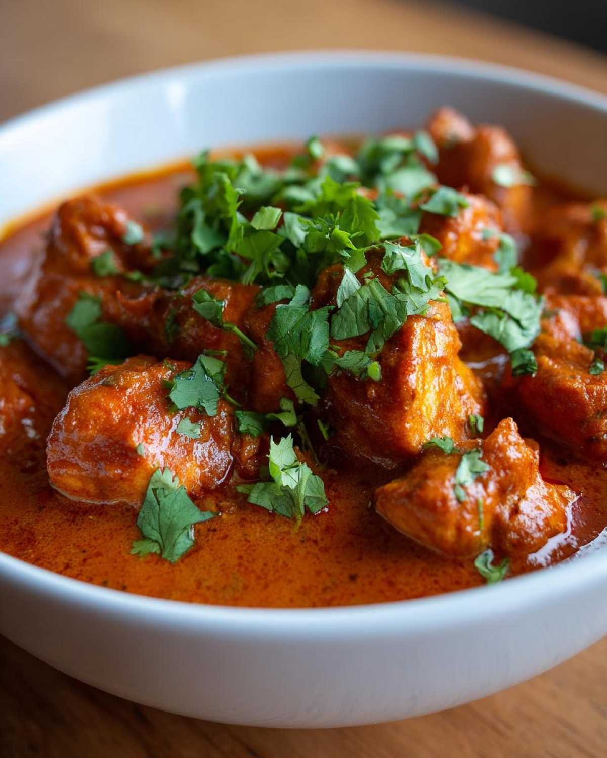 Miseczka pełna pysznego kurczaka tikka masala, posypana świeżą kolendrą.
