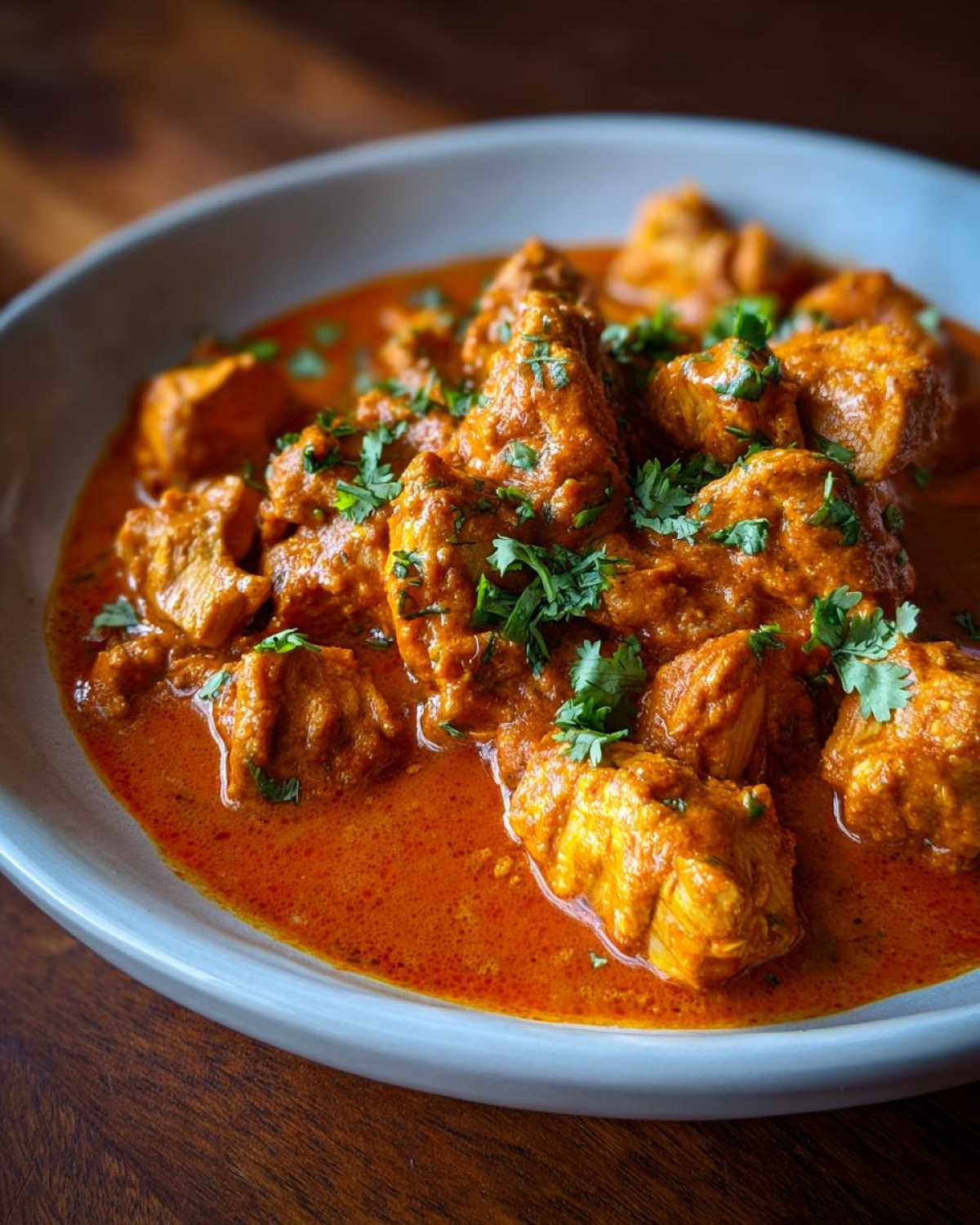 Kawałki kurczaka w kremowym, pomarańczowym sosie, posypane świeżą kolendrą - kurczak tikka masala.