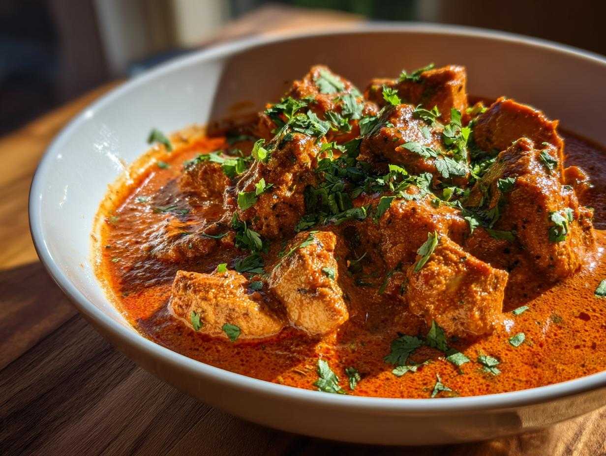 Miseczka pełna aromatycznego kurczaka tikka masala, udekorowana świeżą kolendrą.