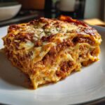 Kawałek pysznej Lasagne Bolognese z warstwami makaronu, sosu mięsnego i sera.