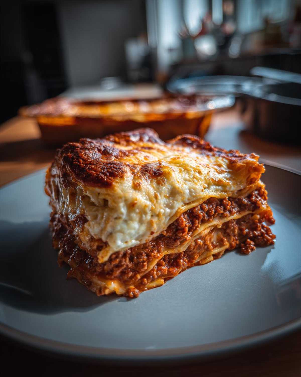Kawałek pysznej Lasagne Bolognese z warstwami mięsa i sera, podany na szarym talerzu.