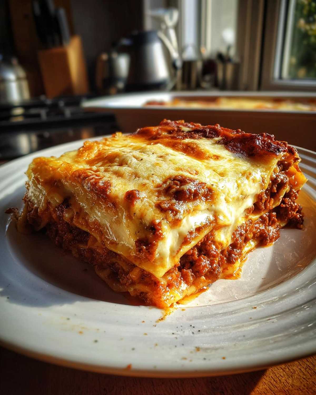 Kawałek pysznej Lasagne Bolognese z warstwami mięsa mielonego i beszamelem, pokryty roztopionym serem.
