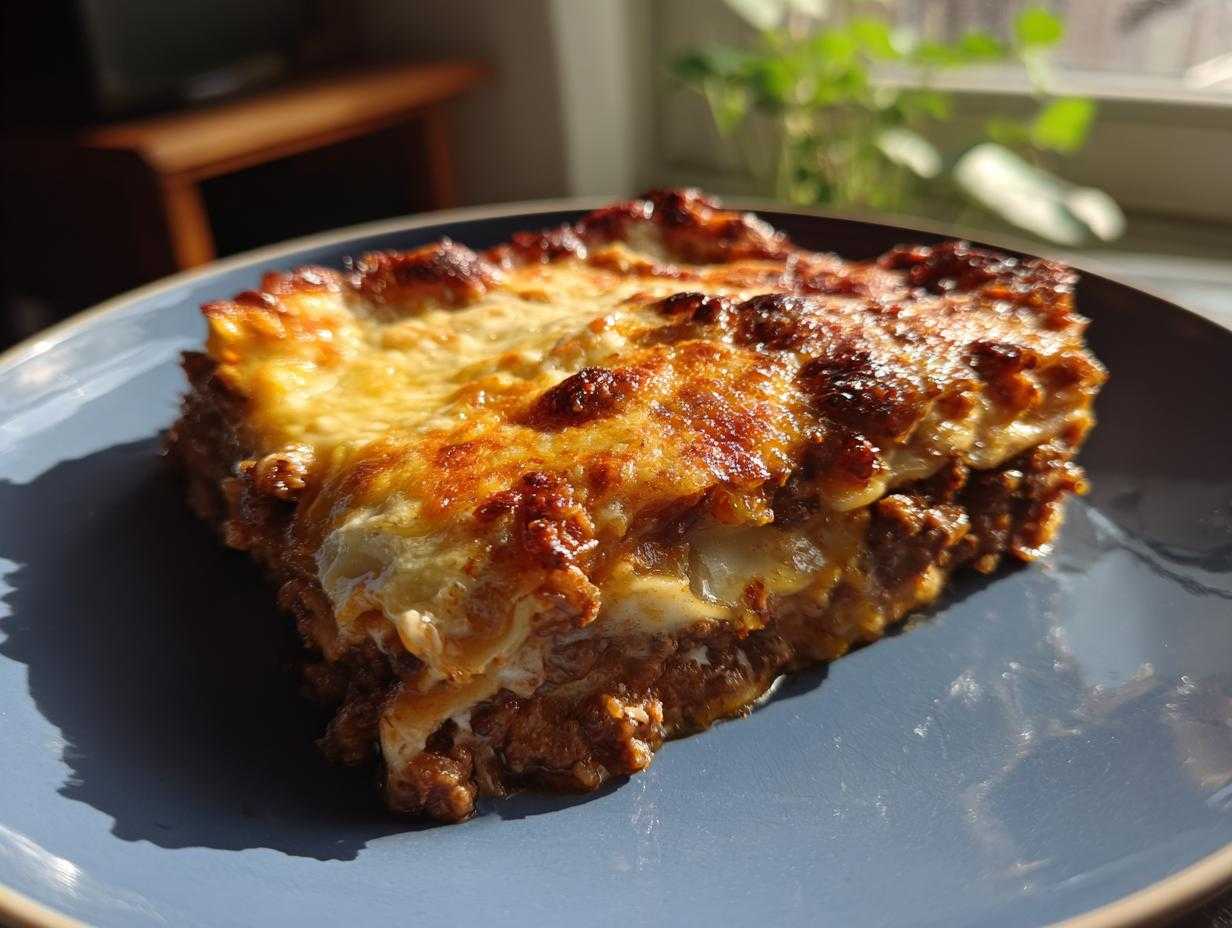 Kawałek pysznej Lasagne Bolognese z ciągnącym się serem i chrupiącą skórką.