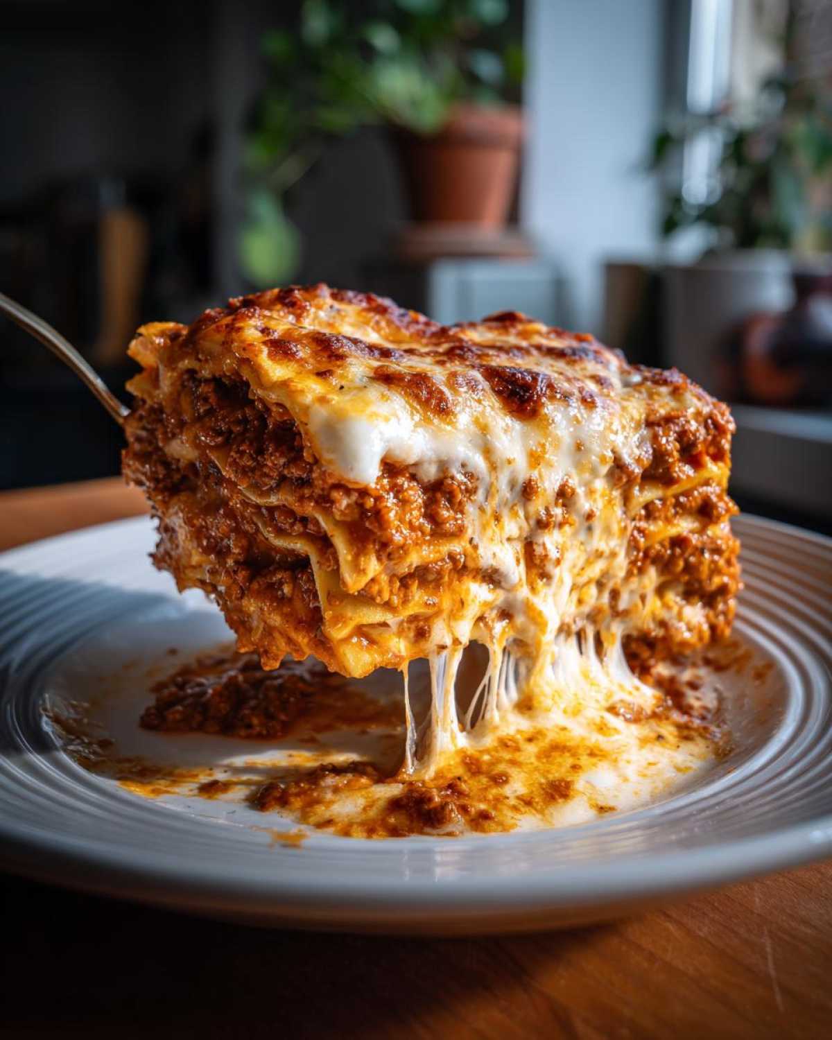 Kawałek pysznej Lasagne Bolognese z ciągnącym się serem na talerzu.